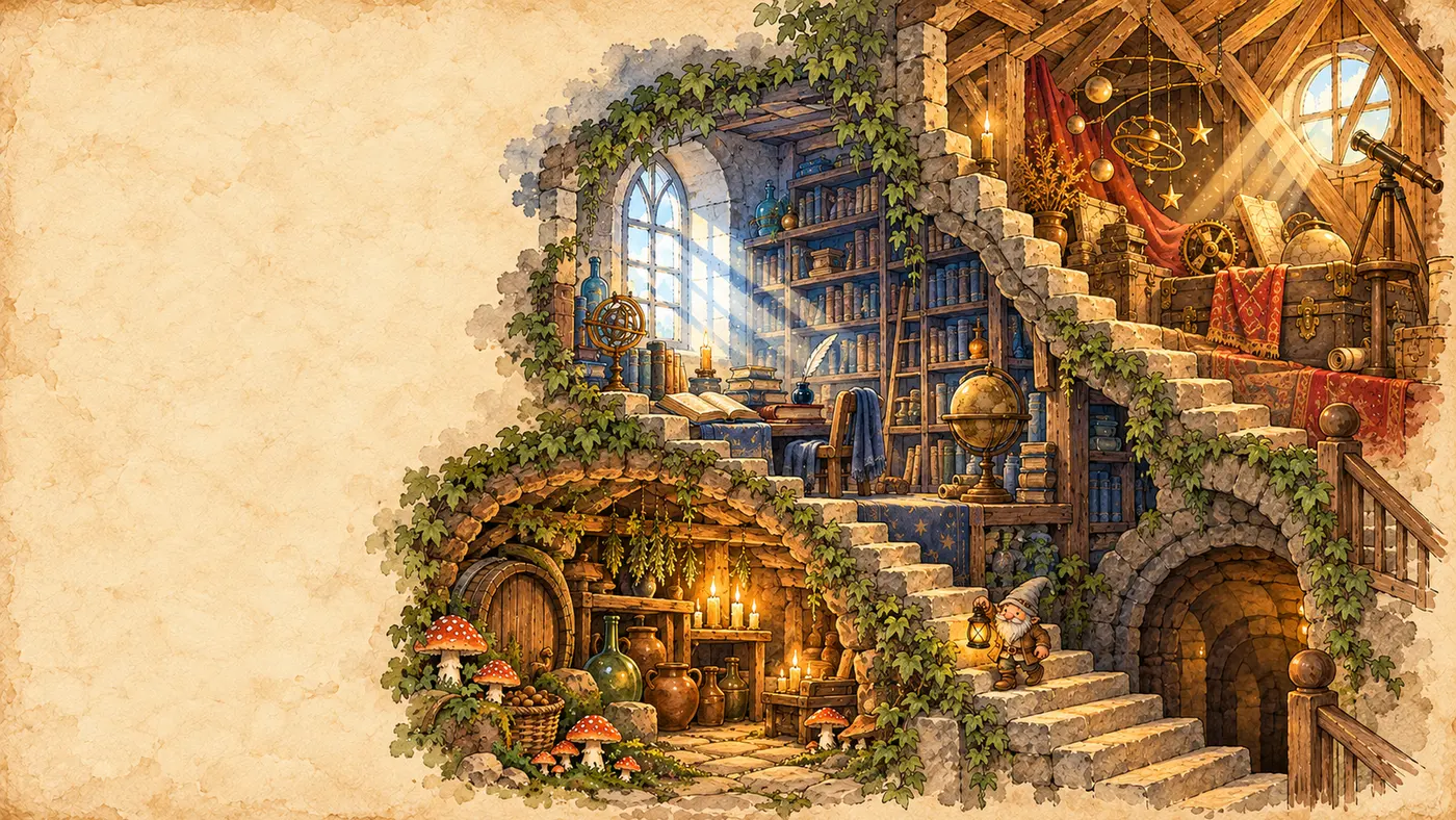 Nikkel the gnome with a lantern on a stone stair, with the Cellar, the Library and the Attic around him.