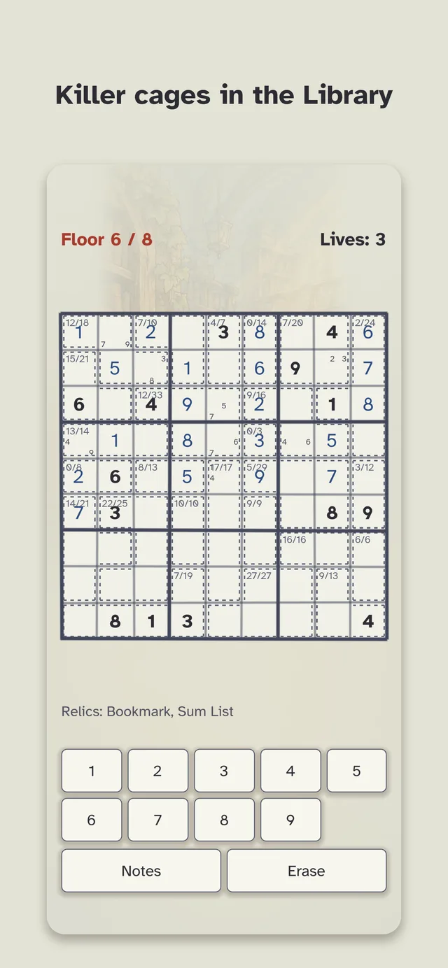 A 9x9 killer sudoku in the Library with dotted cages and sums.