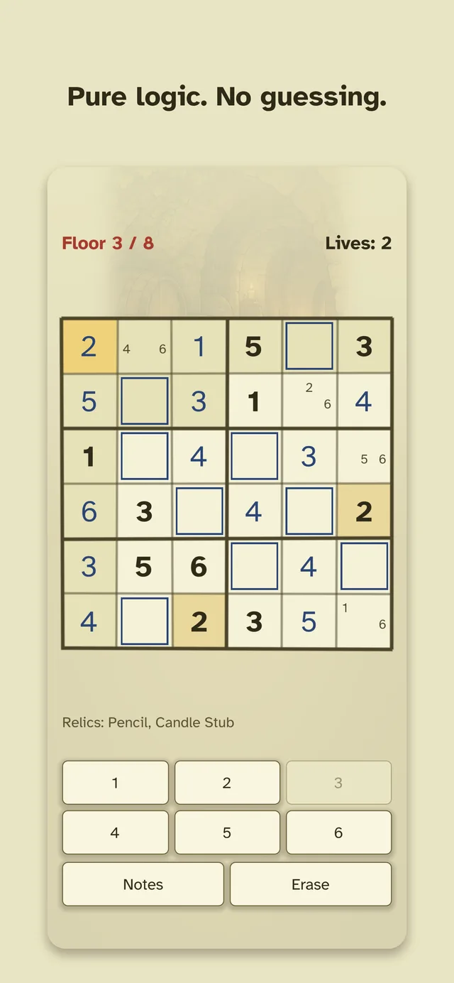 Floor 3 of 8 in the Cellar: a 6x6 sudoku with two lives left.