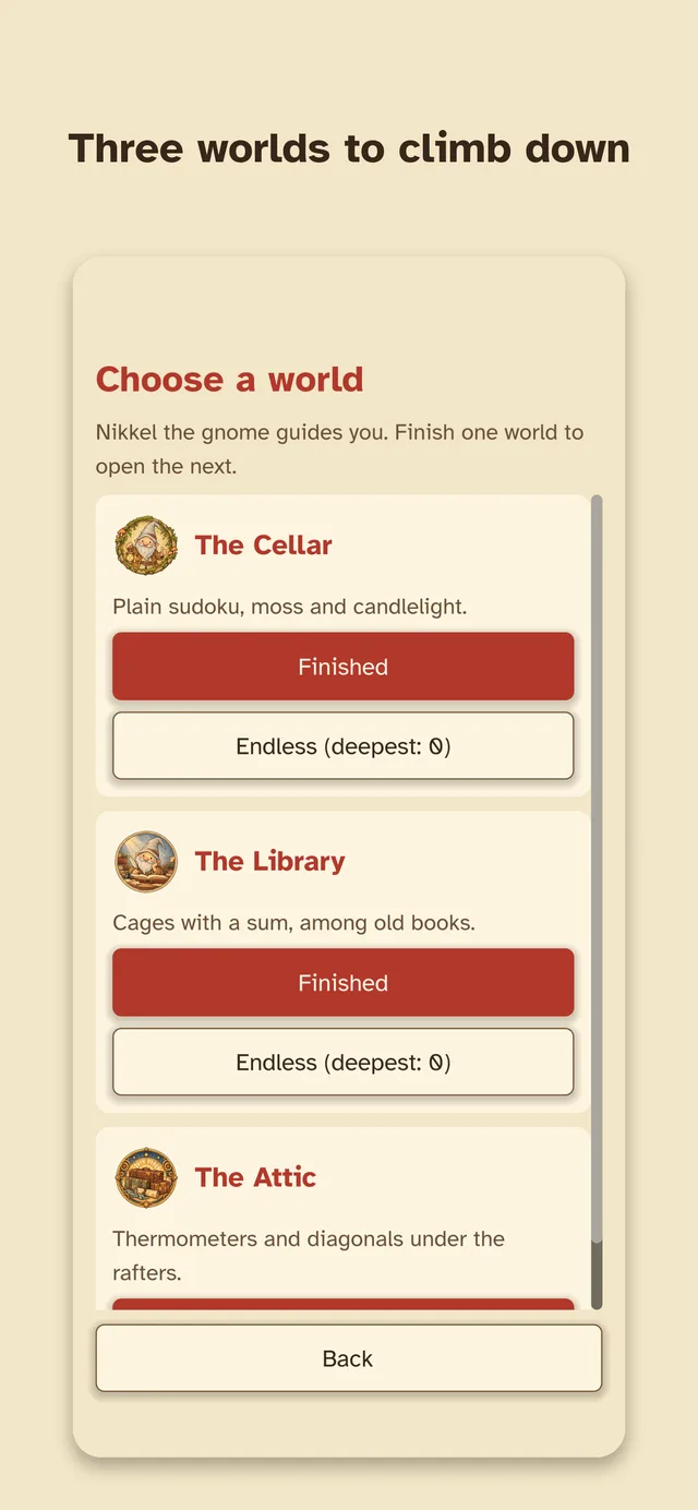 The world menu listing the Cellar and the Library as finished and the Attic as open.